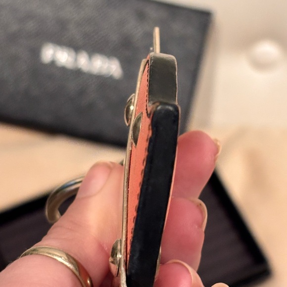 Prada Saffiano ‘Trick’ Coral Leather Studded Heart Keychain W/ Box - Picture 11 of 16